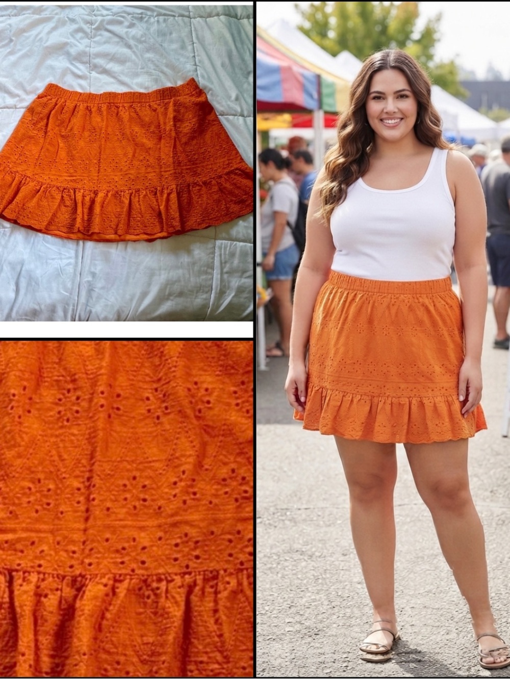 Orange Floral Embroidered Mini Skirt Daisy Eyelet Skater Lined Elastic Waist 4X
